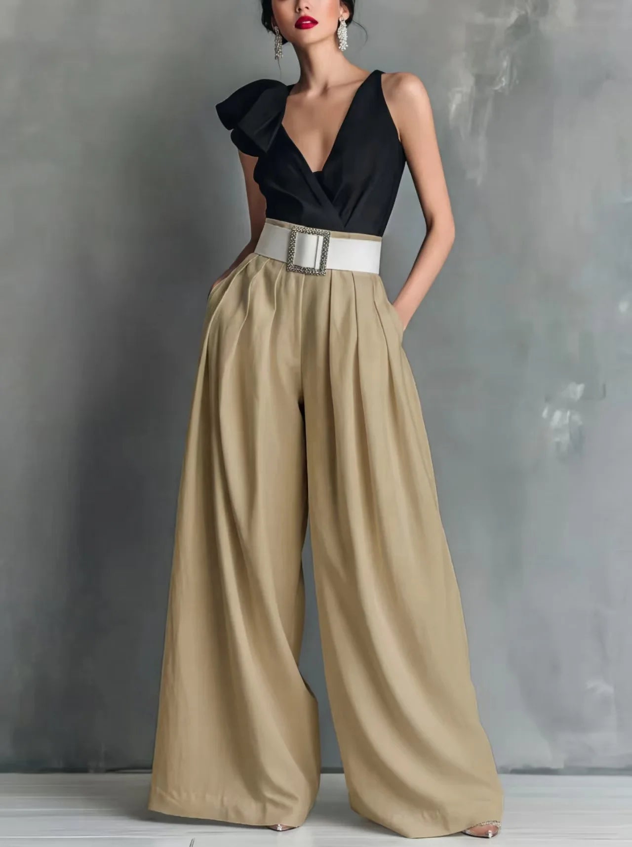 Back view of the wide-leg pants in a solid colour