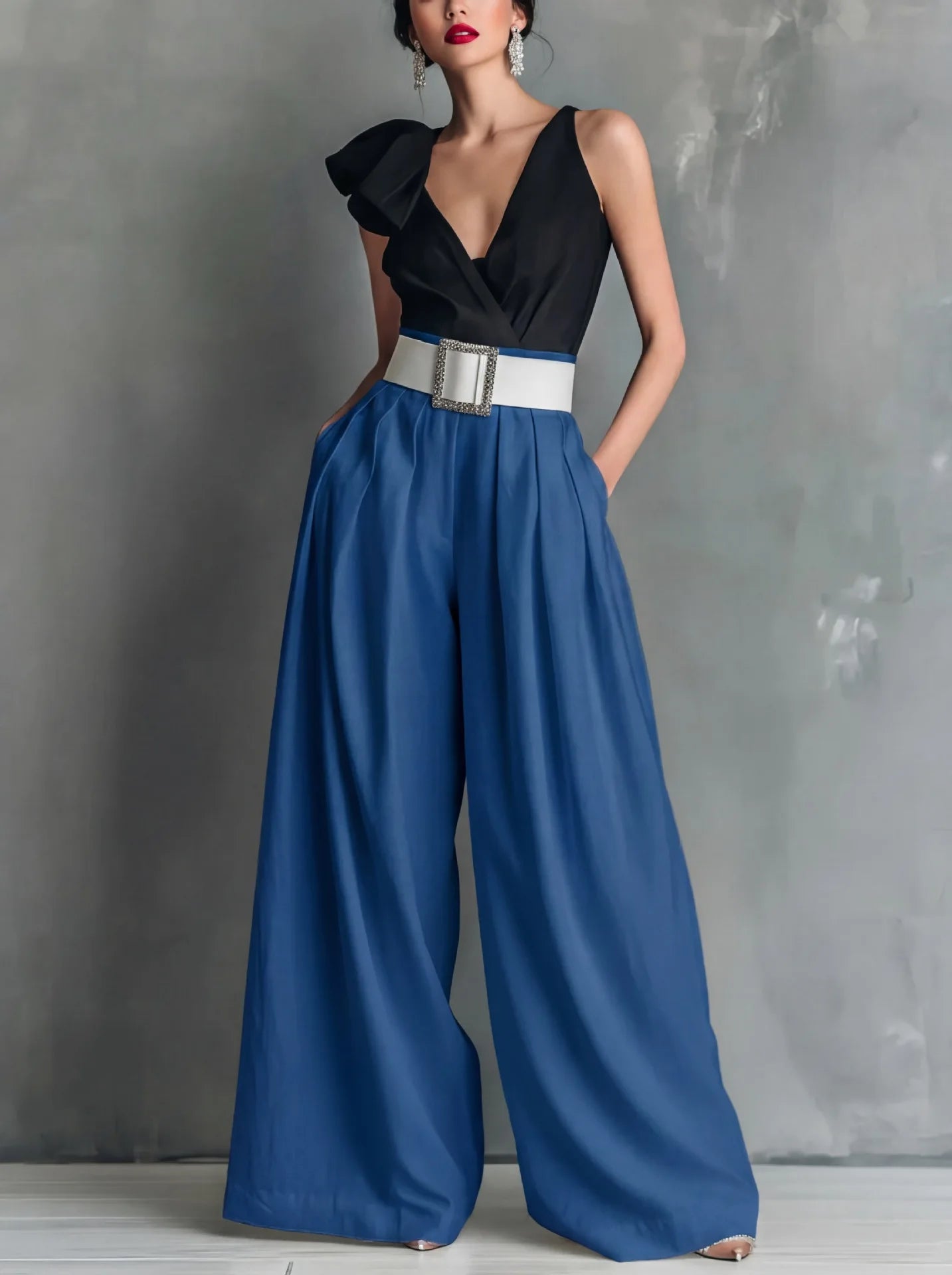 Full-length view of the wide-leg trousers in blue