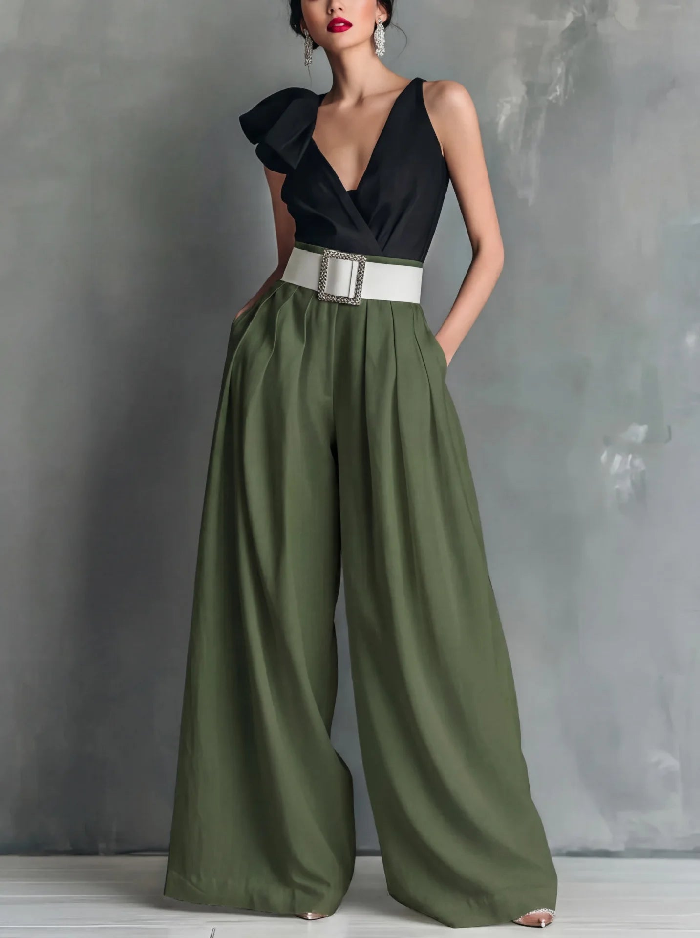 Waistband detail on the army green wide-leg pants
