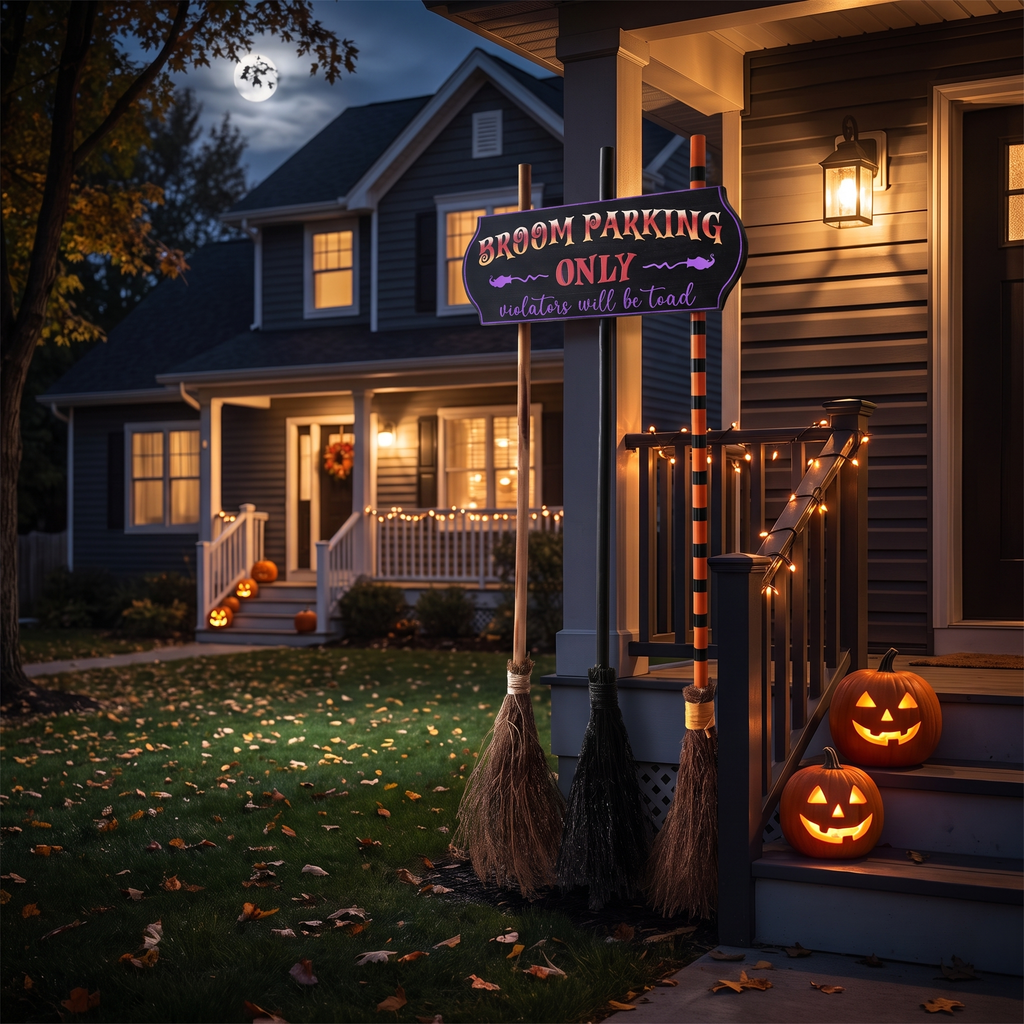 Witch parking sign set up on a front porch