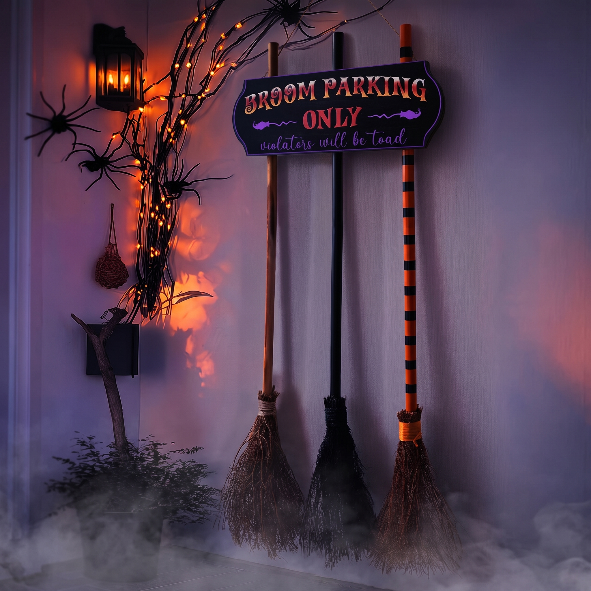 Witch parking sign styled by an entryway