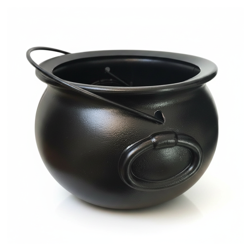 8 inch black witch cauldron candy bucket on a white background