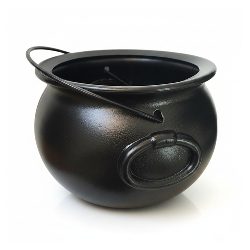 8 inch black witch cauldron candy bucket on a white background