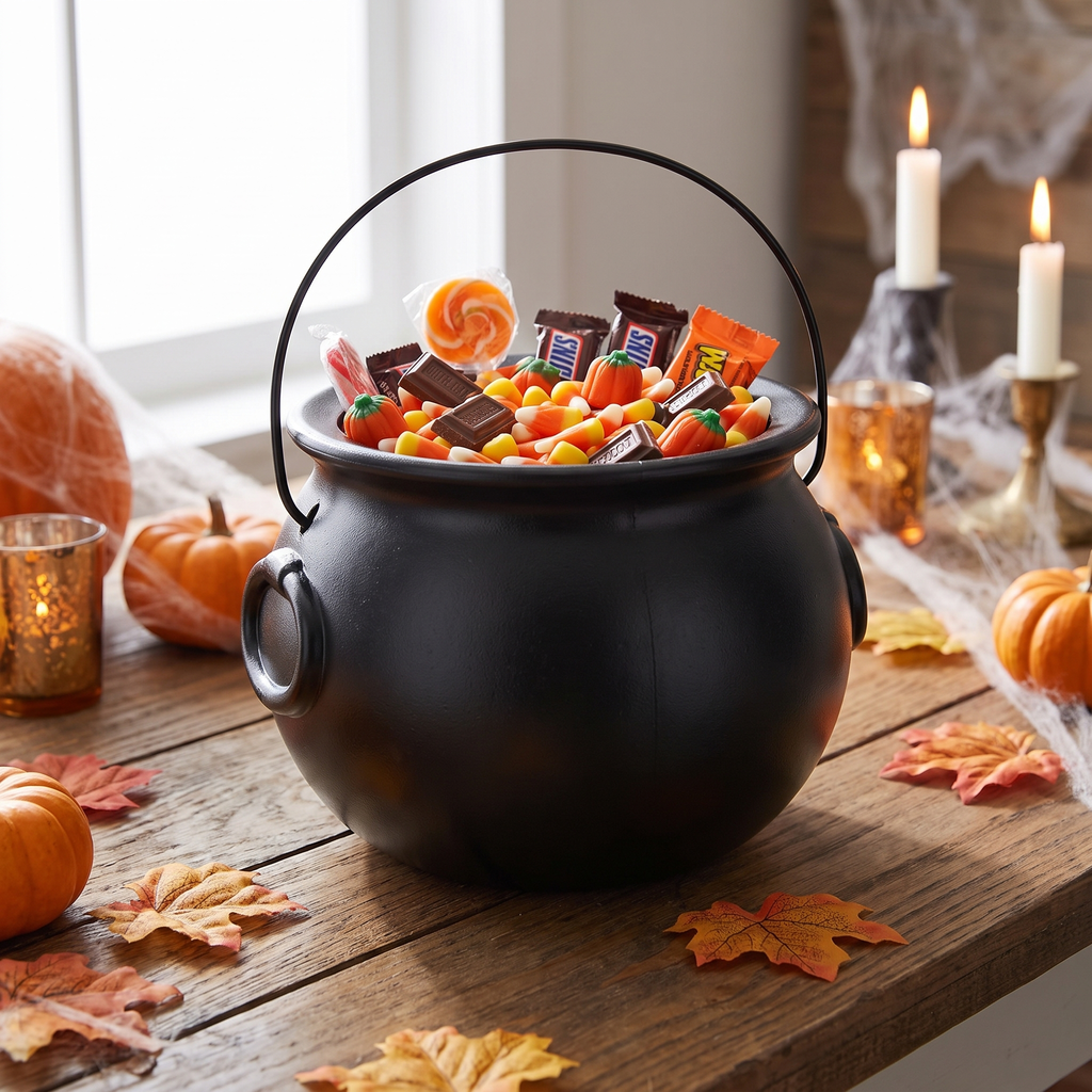 Cauldron bucket used as a candy station on a decorated porch
