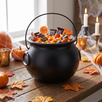 Cauldron bucket used as a candy station on a decorated porch