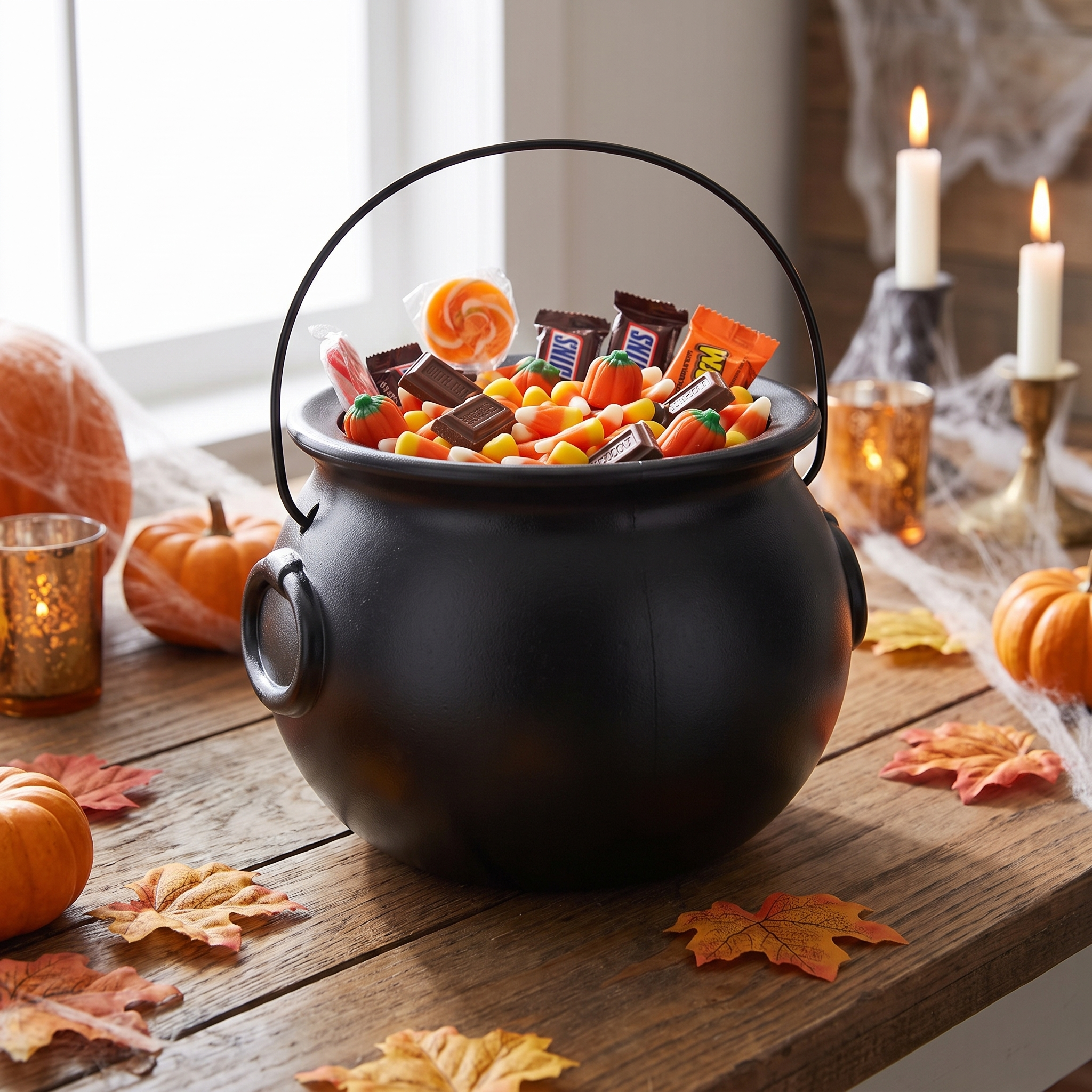 Cauldron bucket used as a candy station on a decorated porch