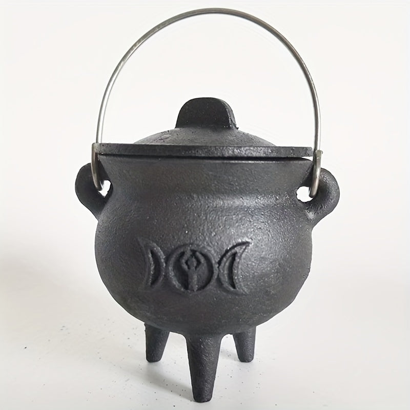 Cast-style witch cauldron with its lid and carry handle
