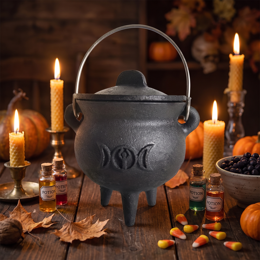 Witch cauldron styled as a Halloween mantel centerpiece