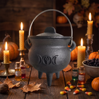 Witch cauldron styled as a Halloween mantel centerpiece