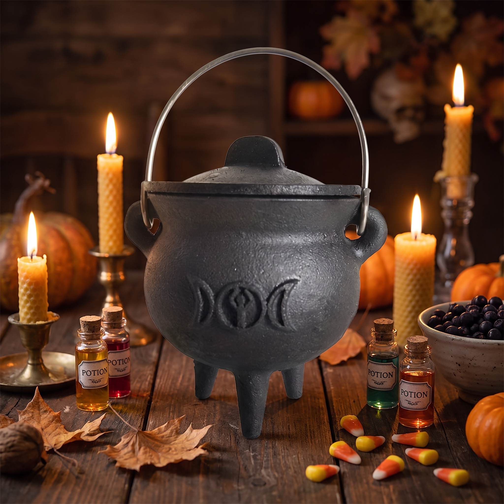 Witch cauldron styled as a Halloween mantel centerpiece