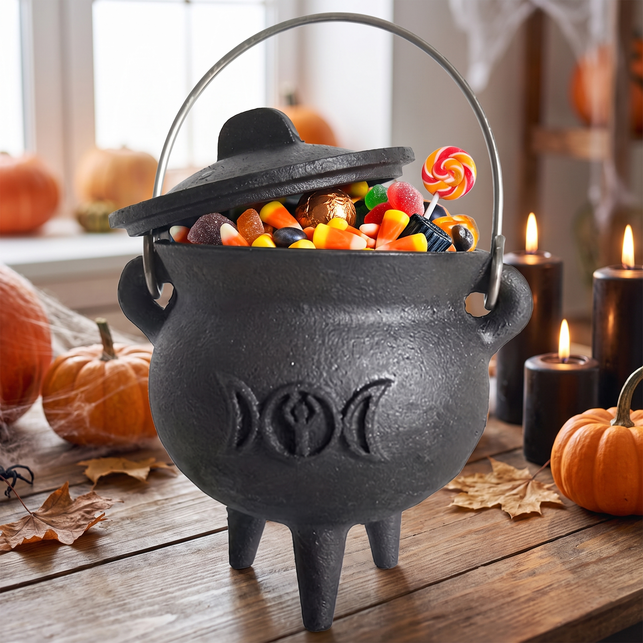 Close up of the cauldron lid and cast-iron style finish
