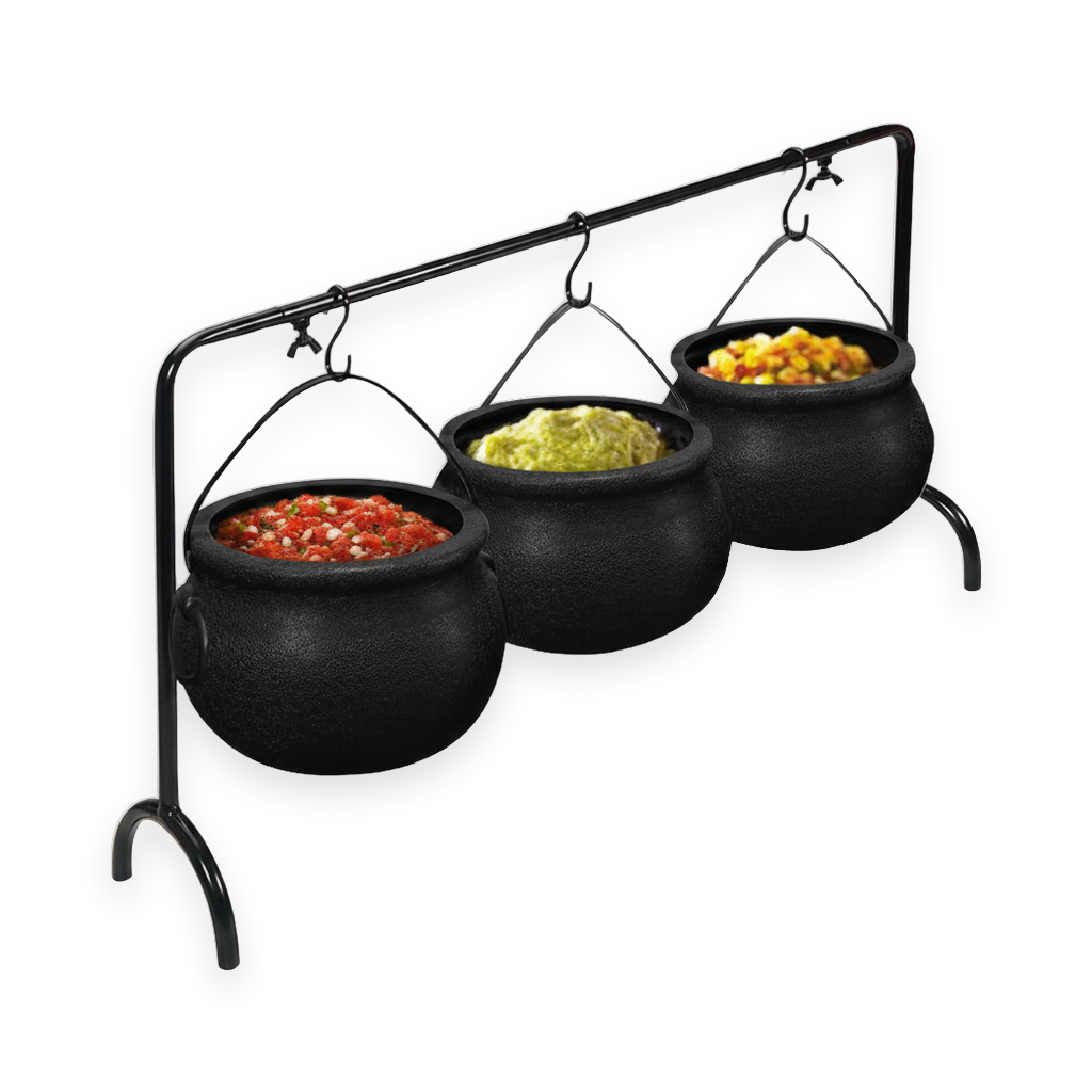 Witch cauldron serving bowls set of 3 on a display rack on a white background