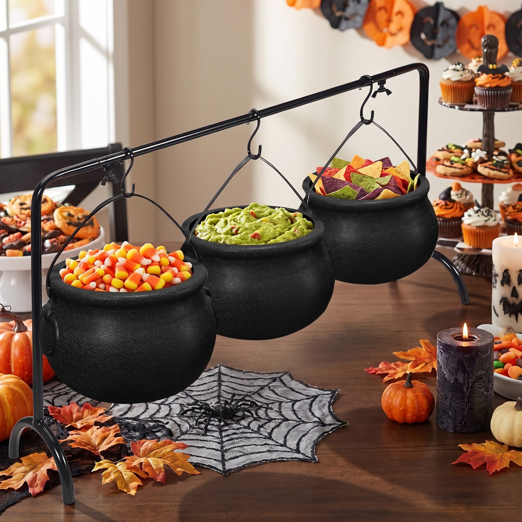 Close up of a cauldron serving bowl with handle detail on the display rack