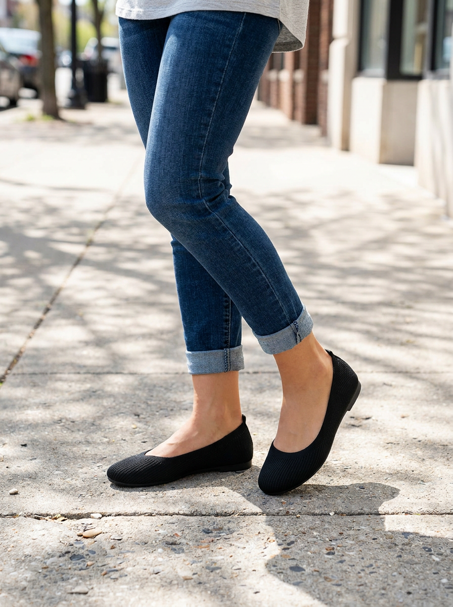 Black knit slip-on ballet flats with cushioned footbed worn with cuffed jeans on a city sidewalk