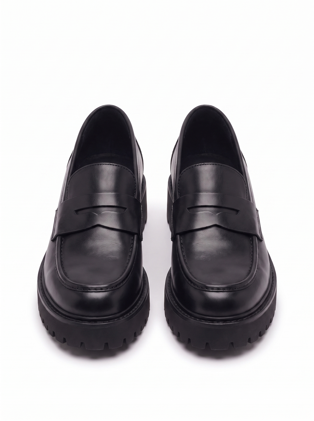 Black platform loafers product shot on white background