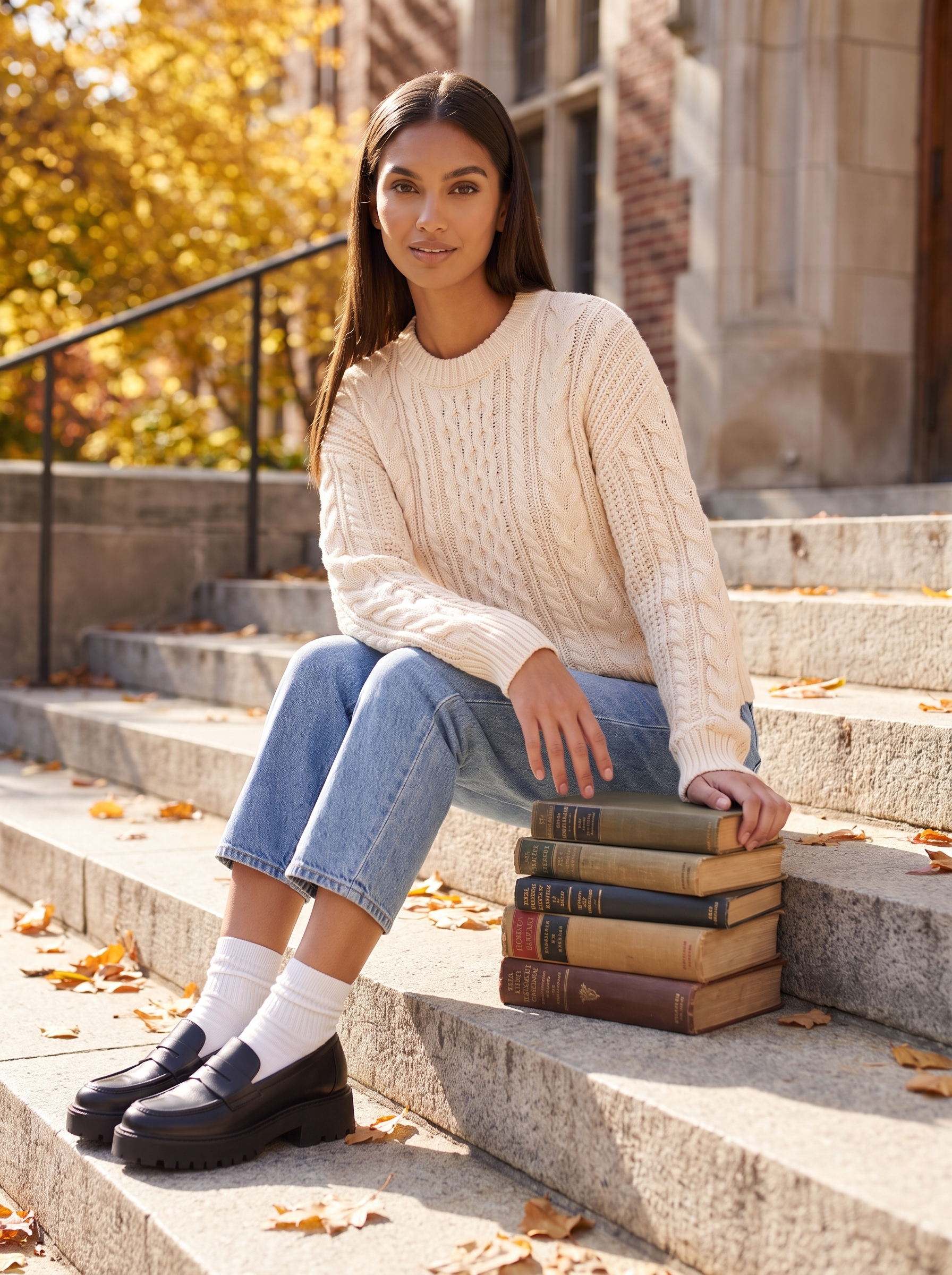 Model wearing black platform loafers on stone steps