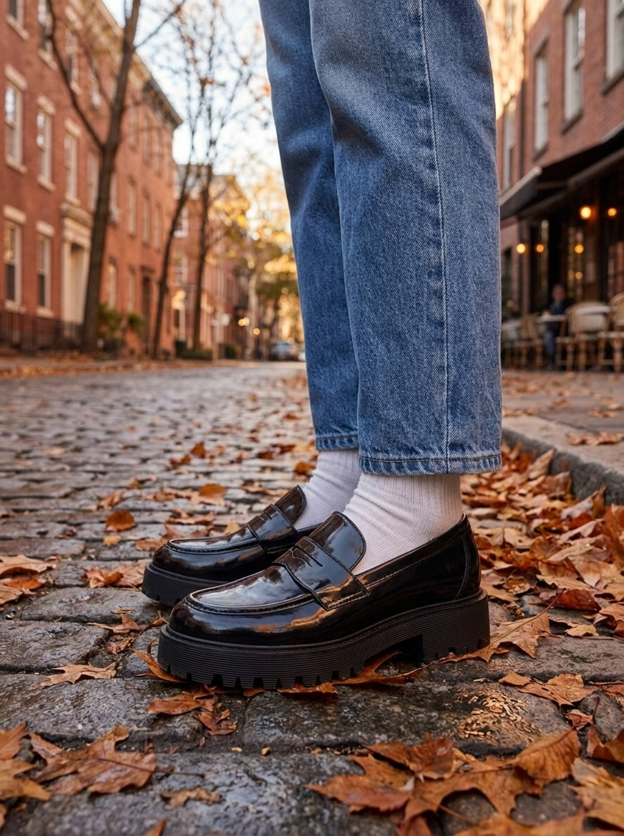 Black platform loafers with a chunky lug sole worn on an autumn city street