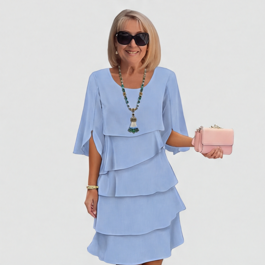 Women's layered dress in light blue, front view