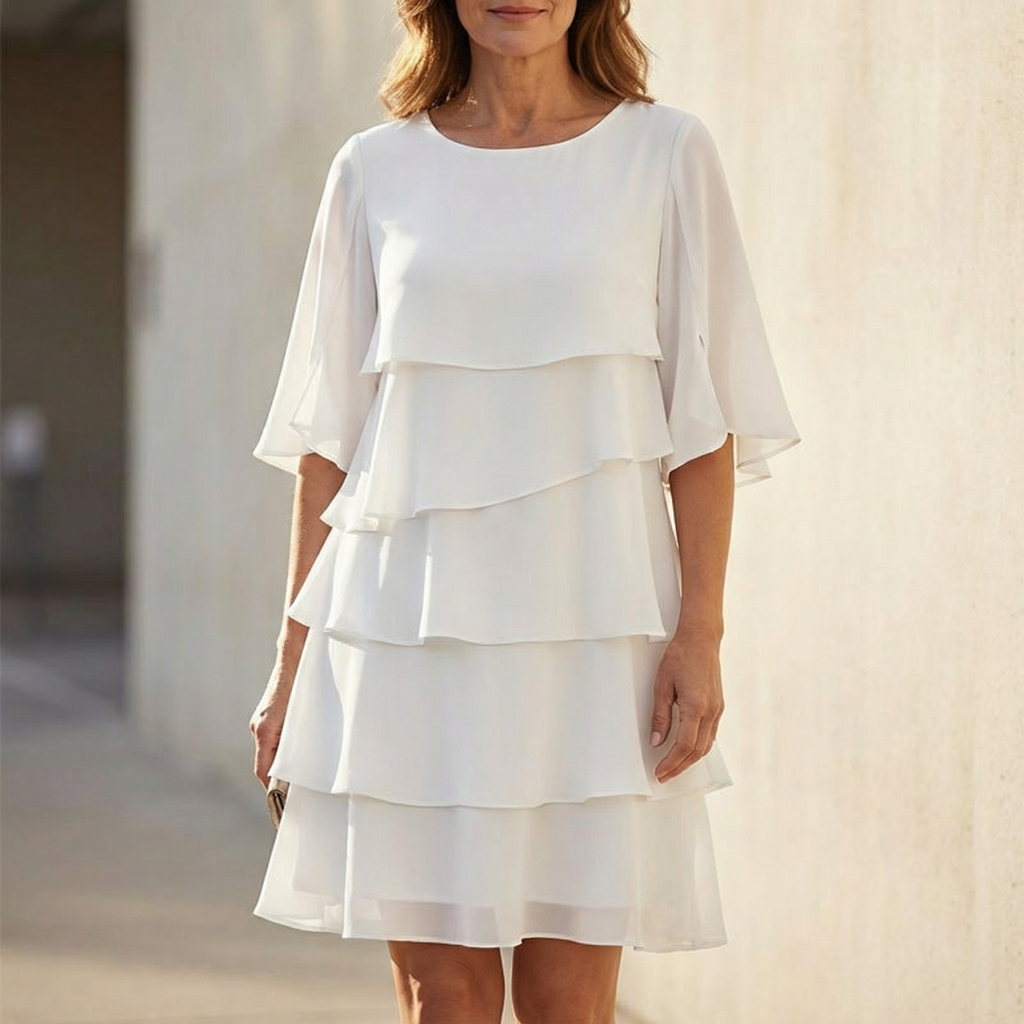 Women's layered dress, styled full-length view