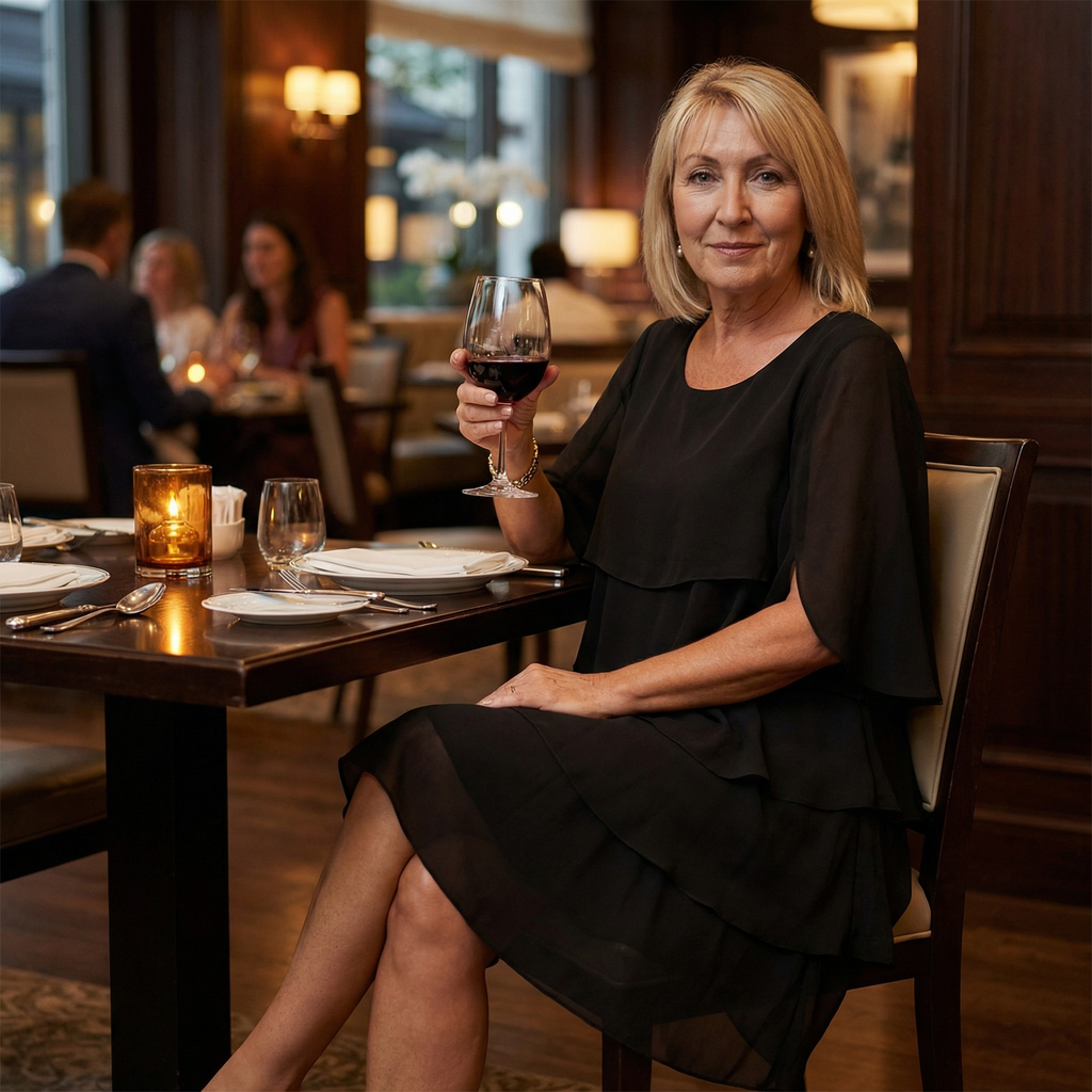 Women's layered dress, styled full-length view