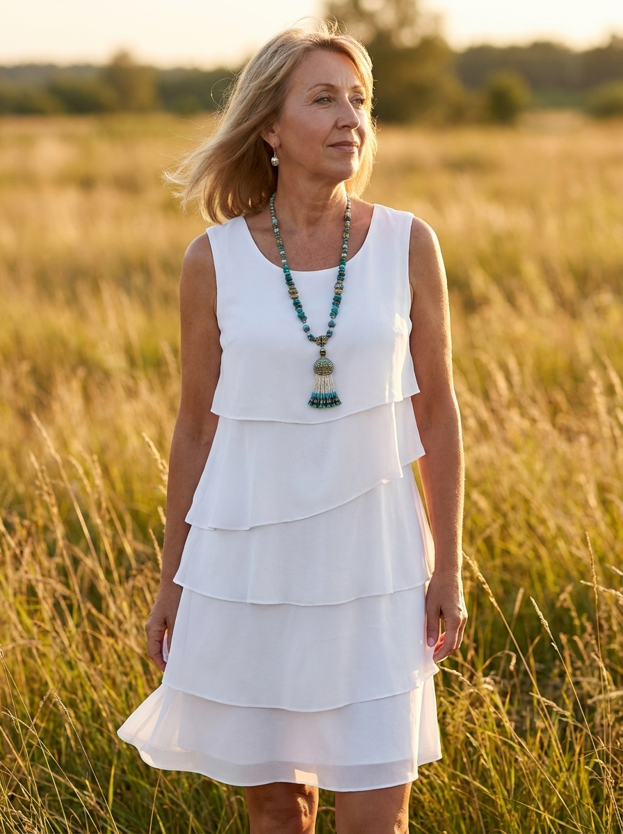 Woman wearing the white sleeveless tiered layered dress in an open meadow