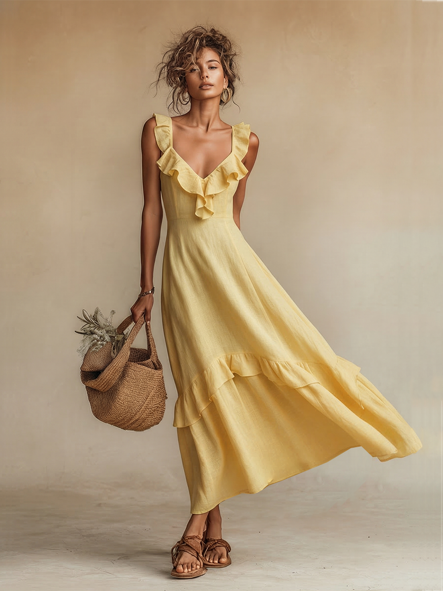 Women's yellow linen maxi dress, styled full-length view