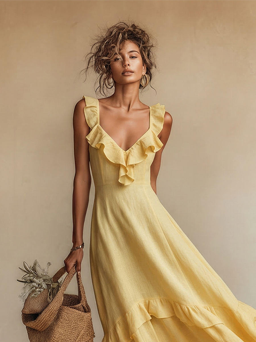 Women's yellow linen maxi dress, ruffle hem detail