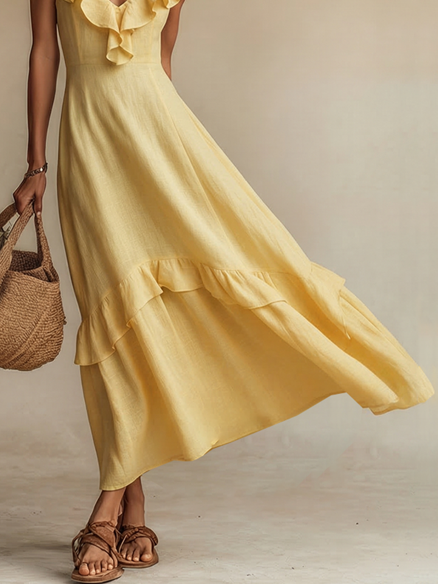 Women's yellow linen maxi dress, back and side view