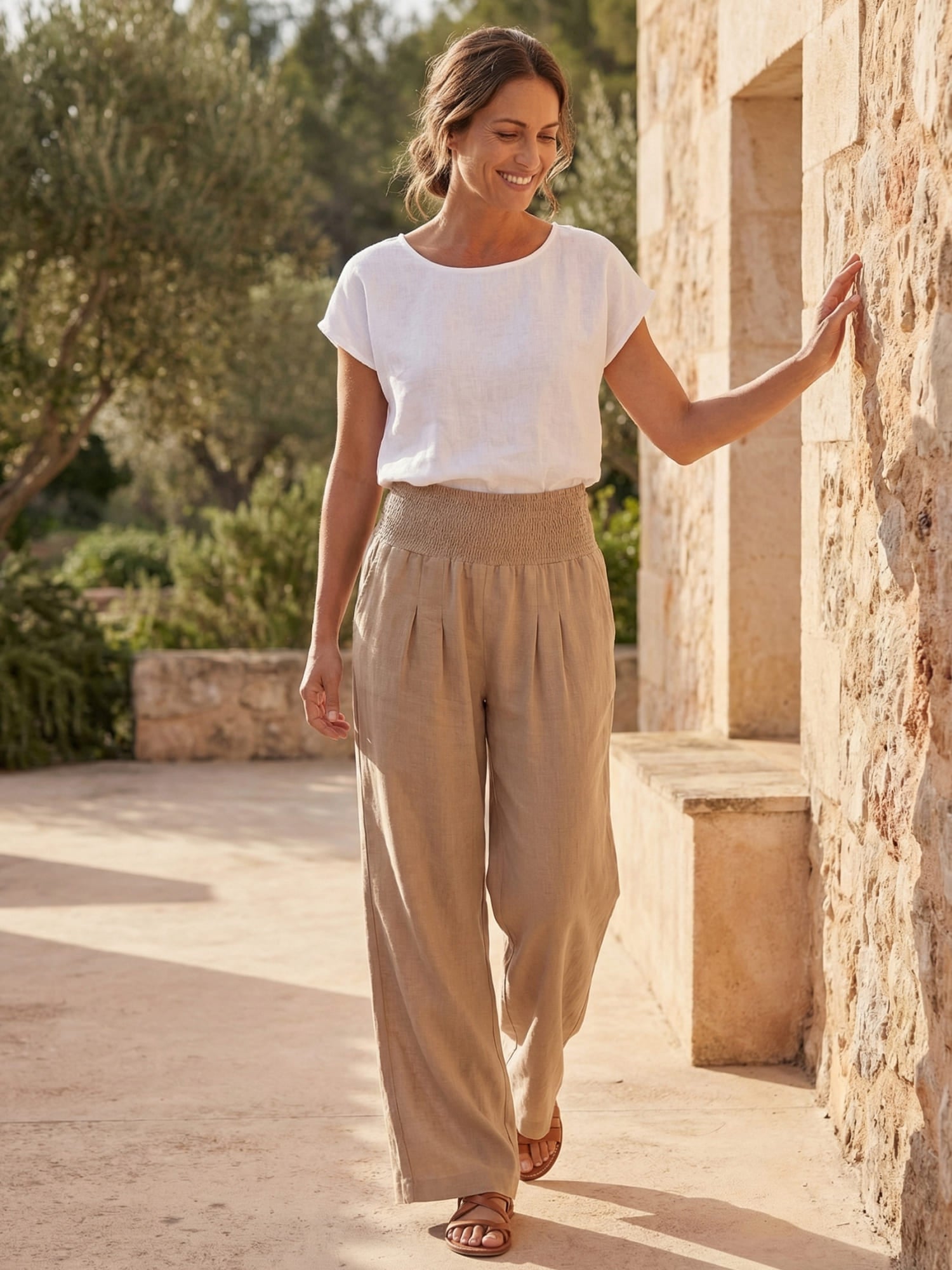 Side view of the linen wide-leg pants