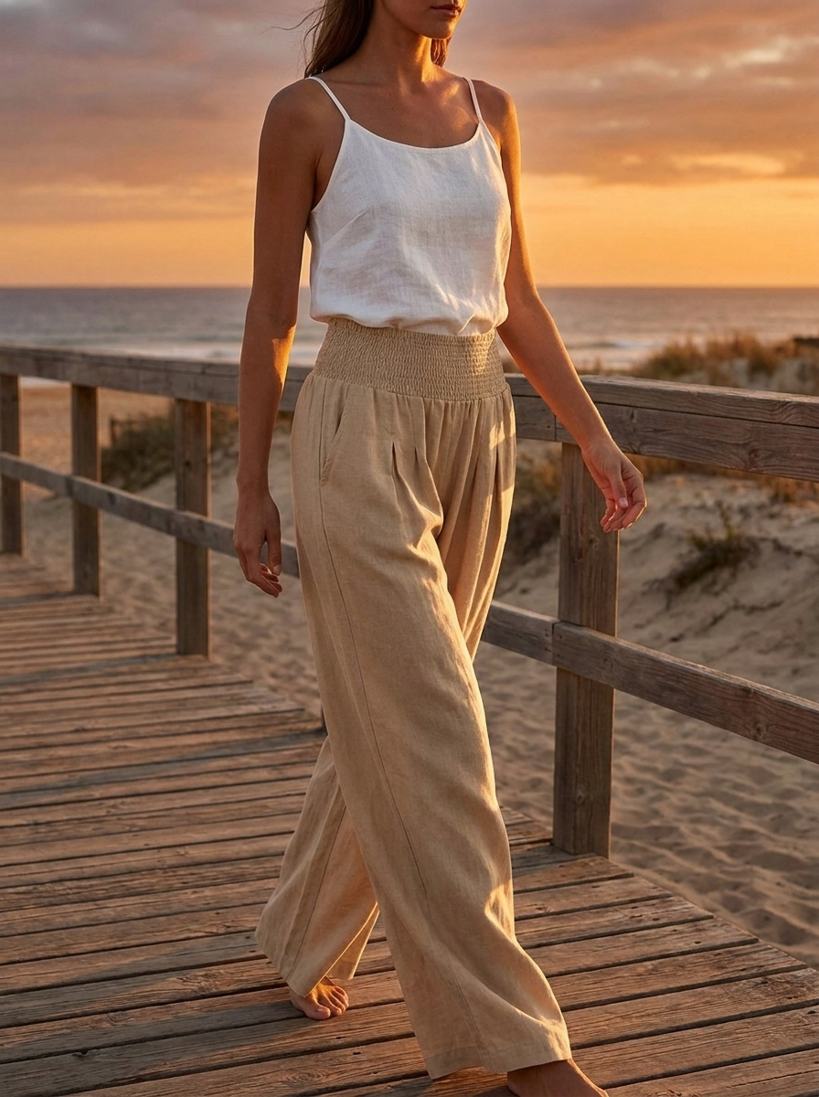 Woman wearing beige linen wide-leg pants with an elastic waistband on a beach boardwalk at sunset