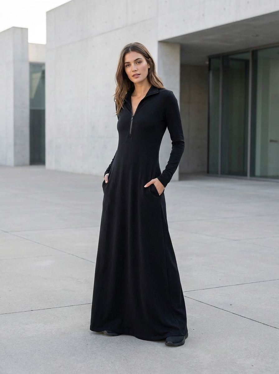 Woman wearing the black maxi dress with a half-zip stand collar on a modern concrete plaza
