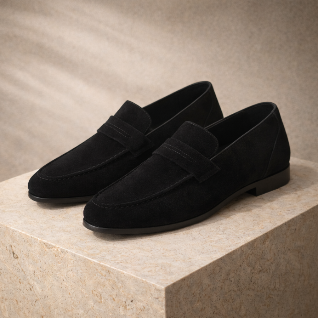 Black penny loafers, side view