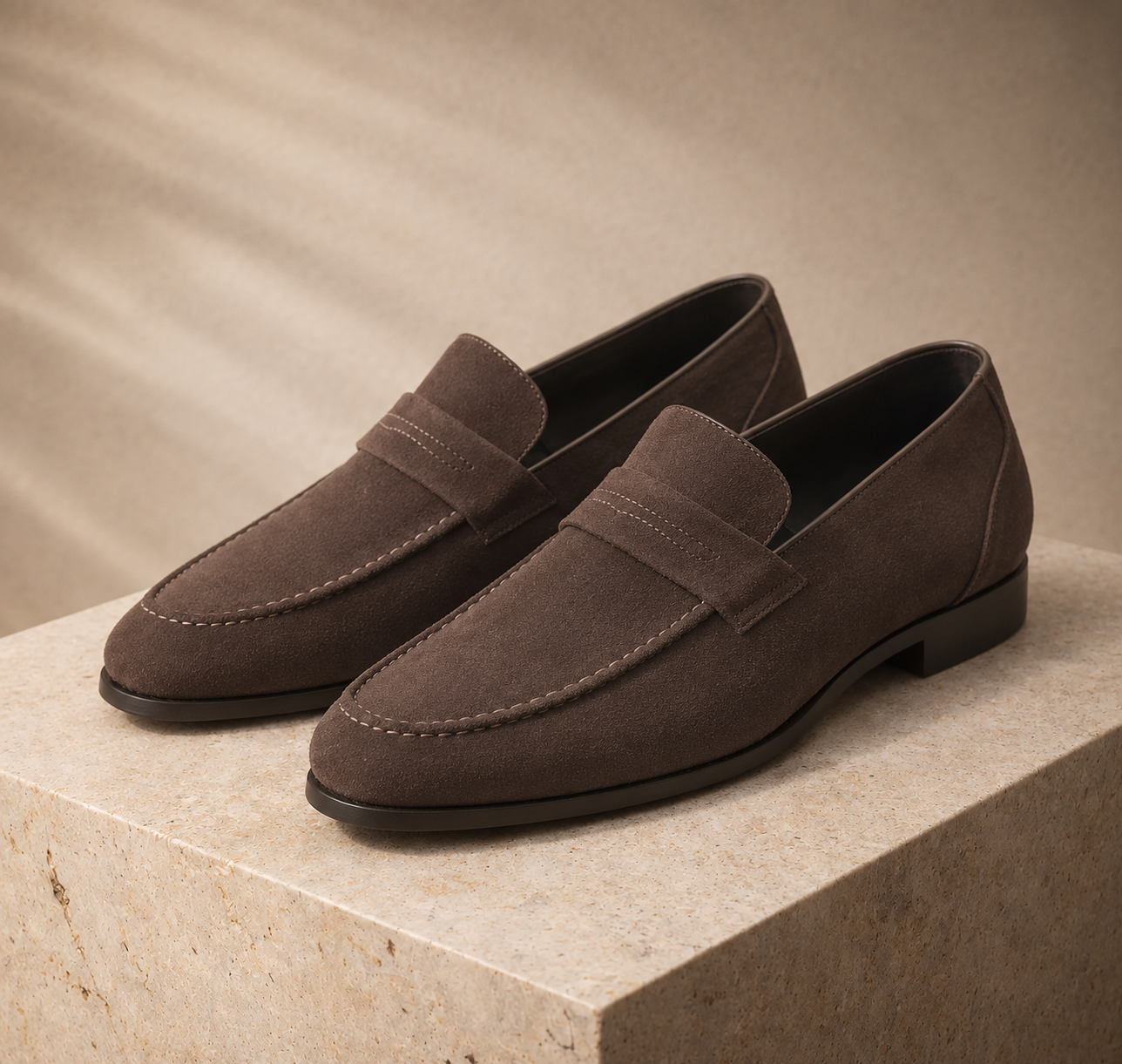Brown penny loafers, side view