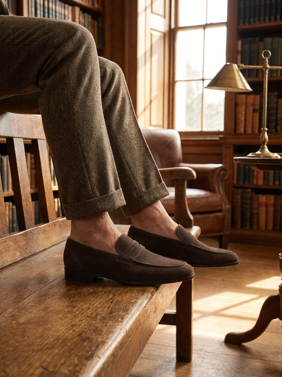 Brown penny loafers with a cushioned footbed worn in a library reading room