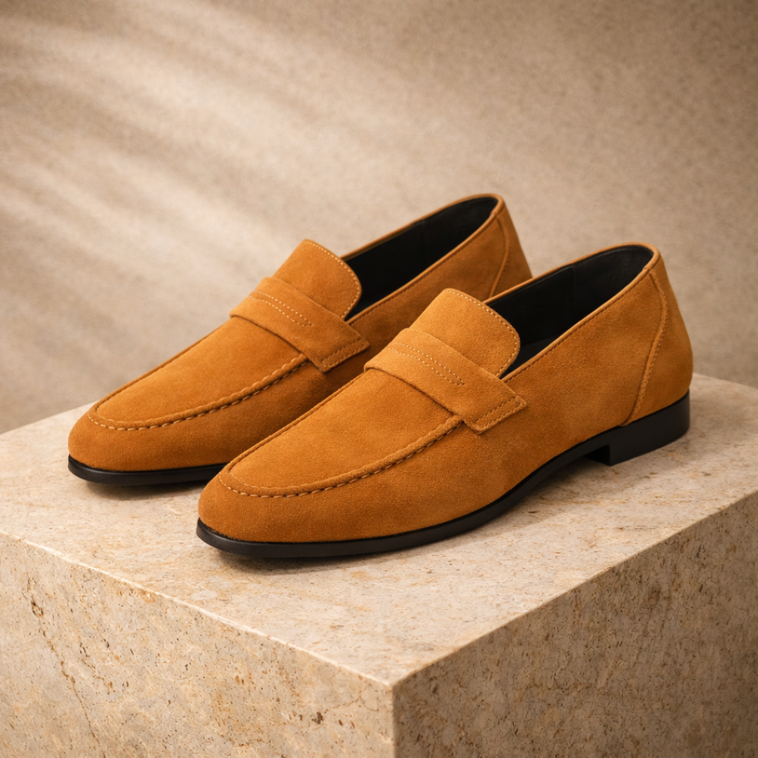 Yellow penny loafers, side view