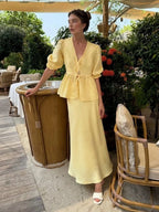 Puff sleeve wrap top and maxi skirt set, styled view