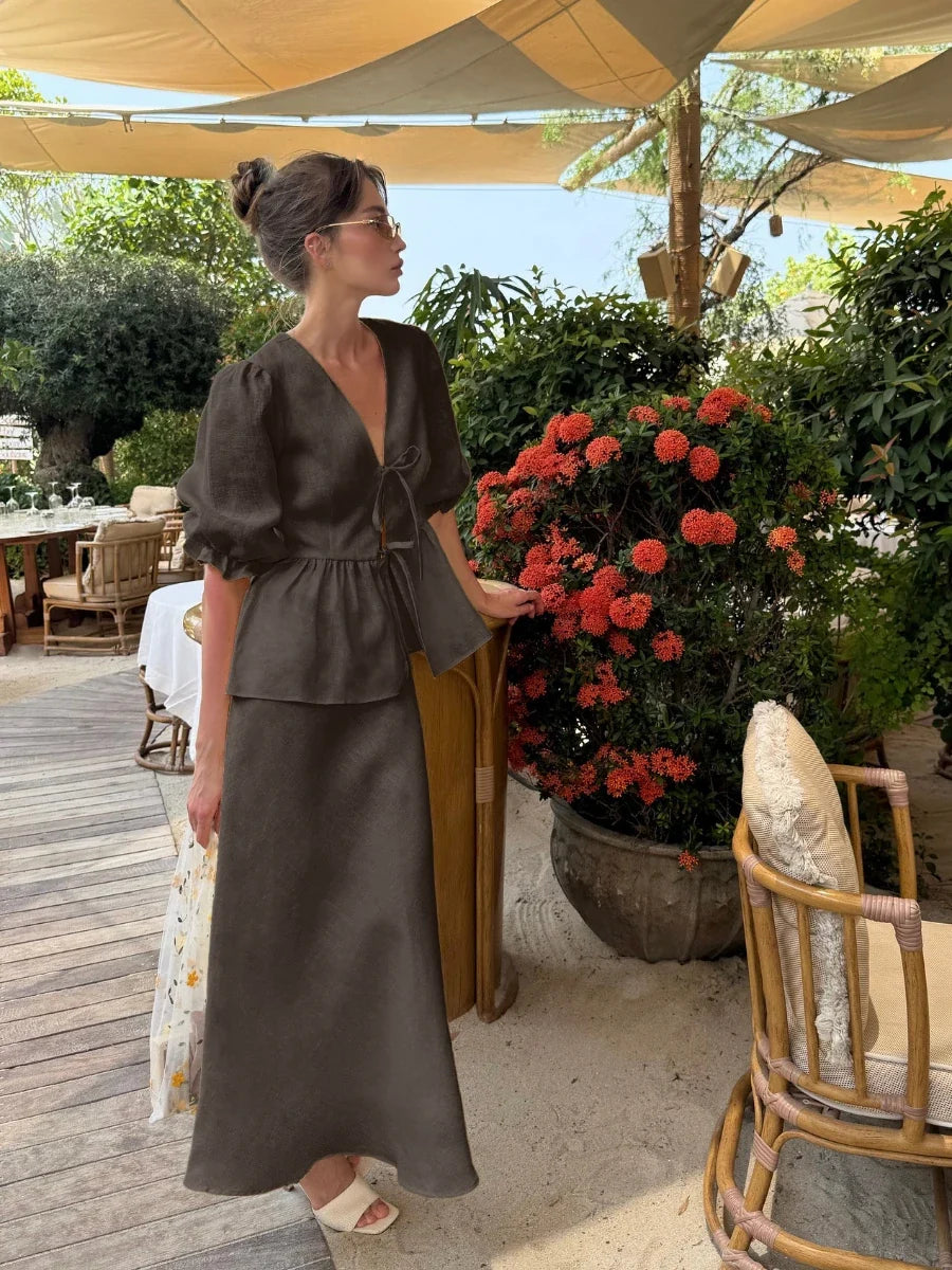 Puff sleeve wrap top and maxi skirt set in coffee brown, front view