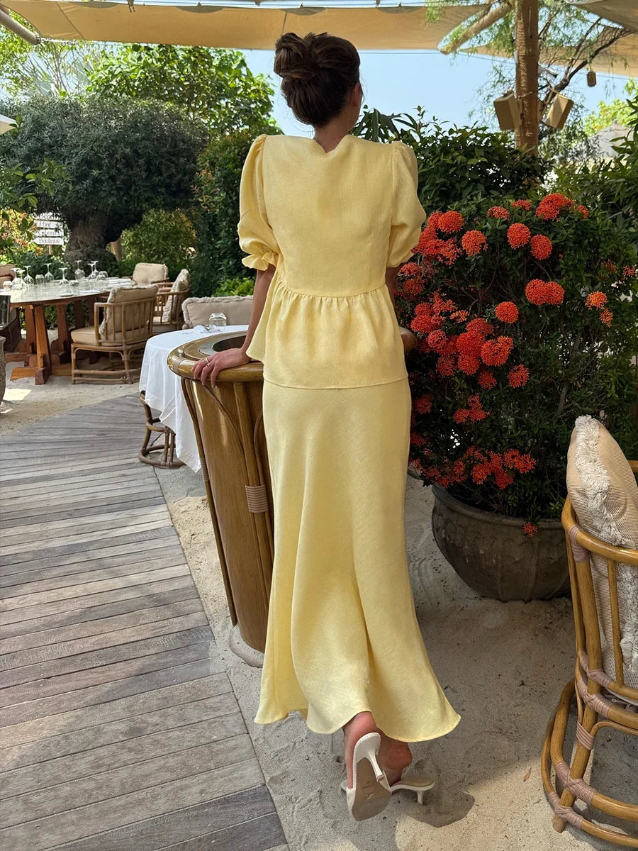 Puff sleeve wrap top and maxi skirt set, detail view