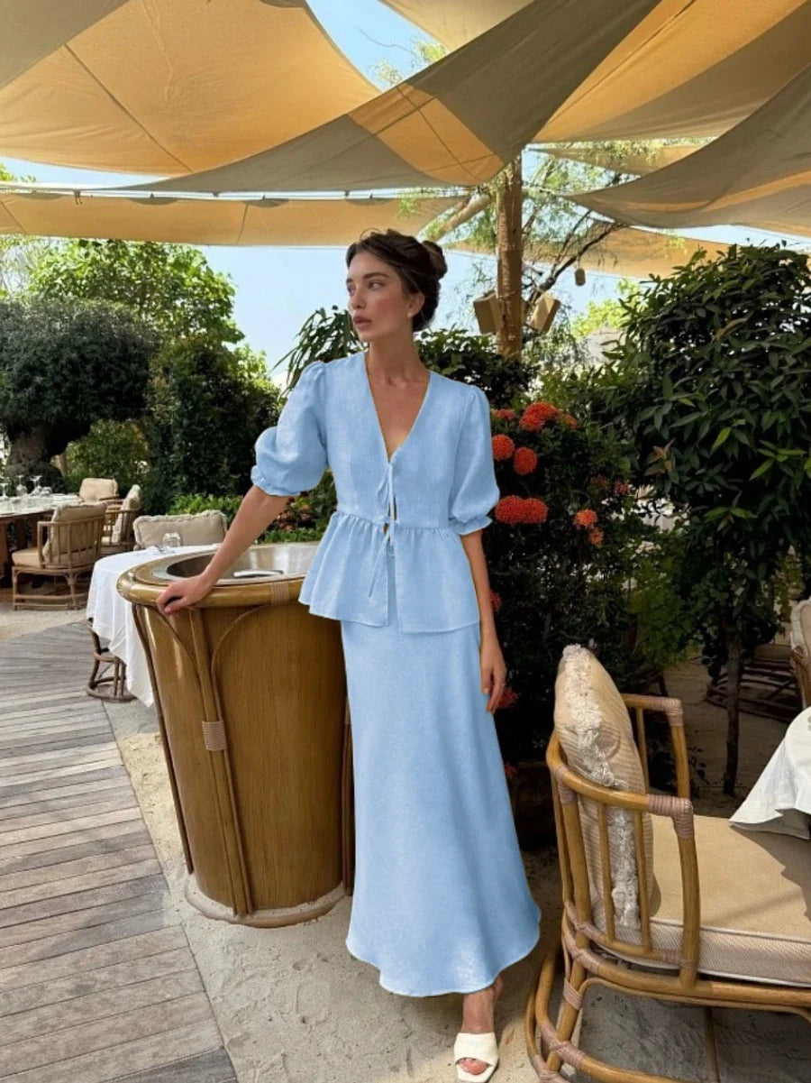 Puff sleeve wrap top and maxi skirt set in blue, front view