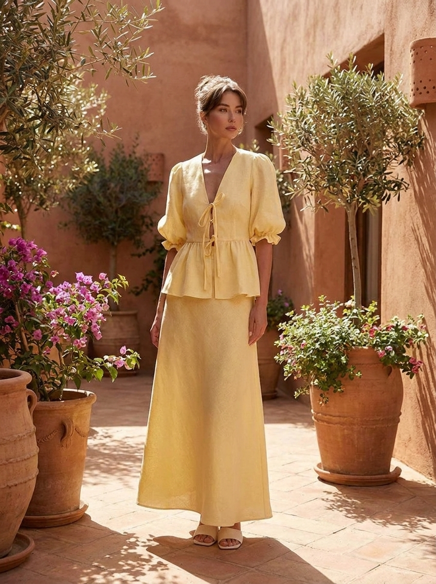 Woman wearing the yellow puff sleeve wrap top and matching cotton maxi skirt set in a sunny courtyard