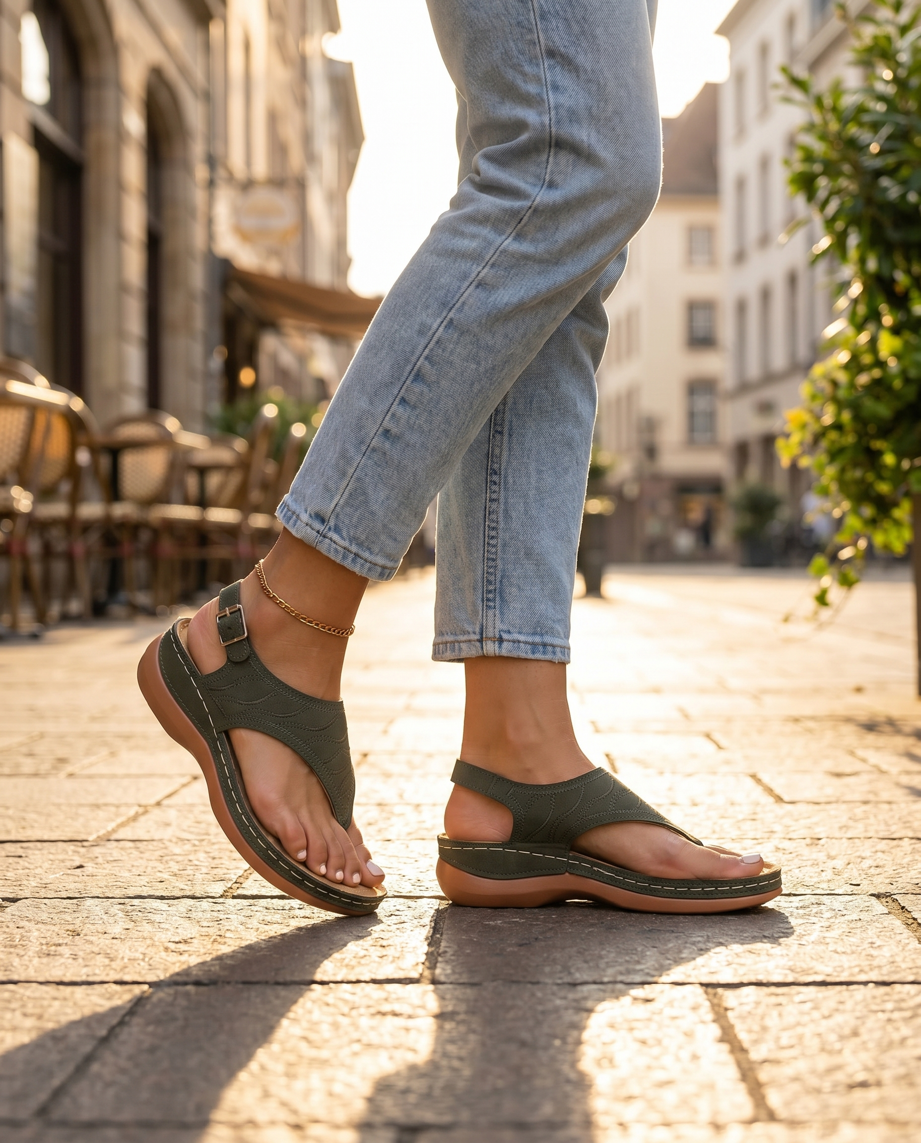 Women's cushioned-footbed sandals worn outdoors