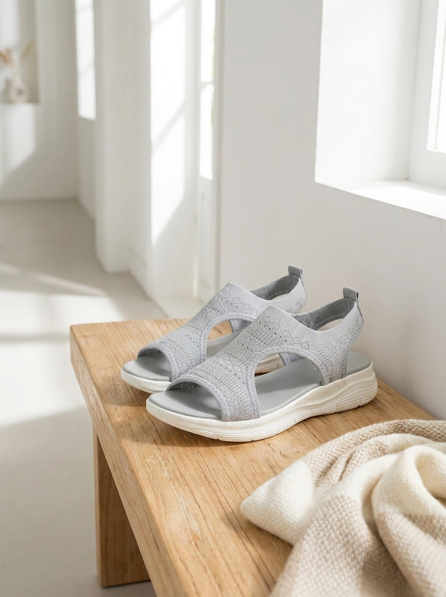 Light grey women's sandals with a breathable mesh upper and cushioned footbed on a wooden bench