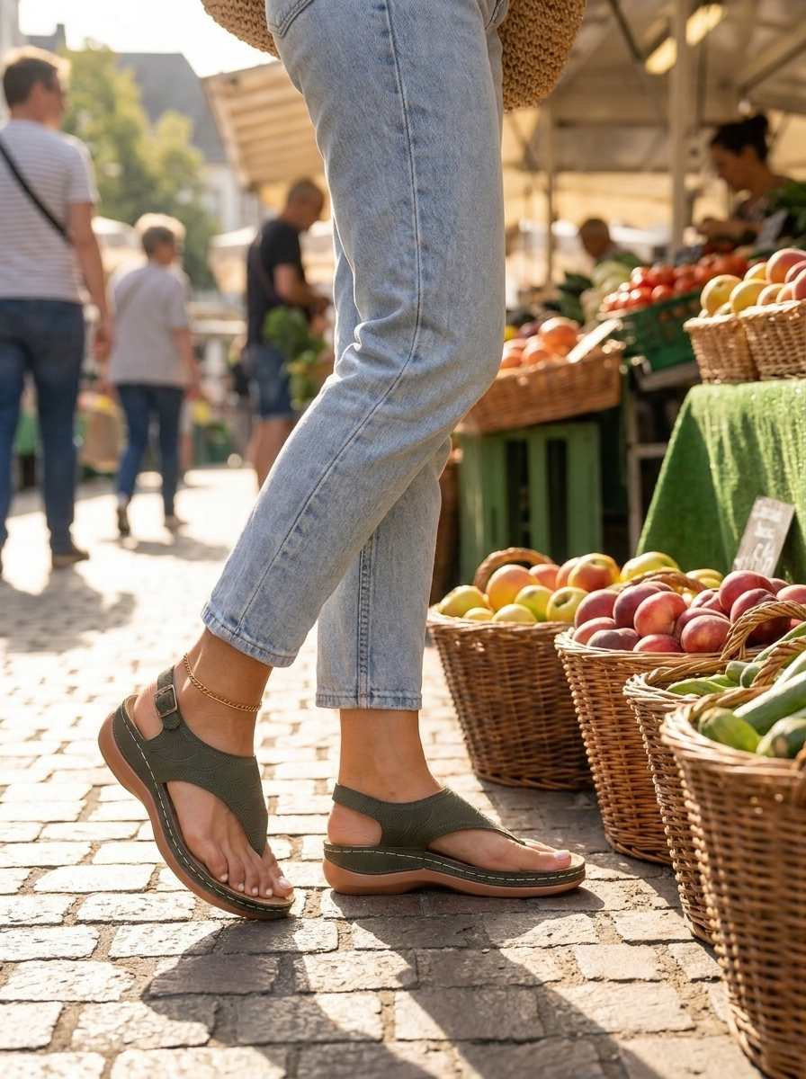 Army green women's sandals with a cushioned footbed worn at an open-air market