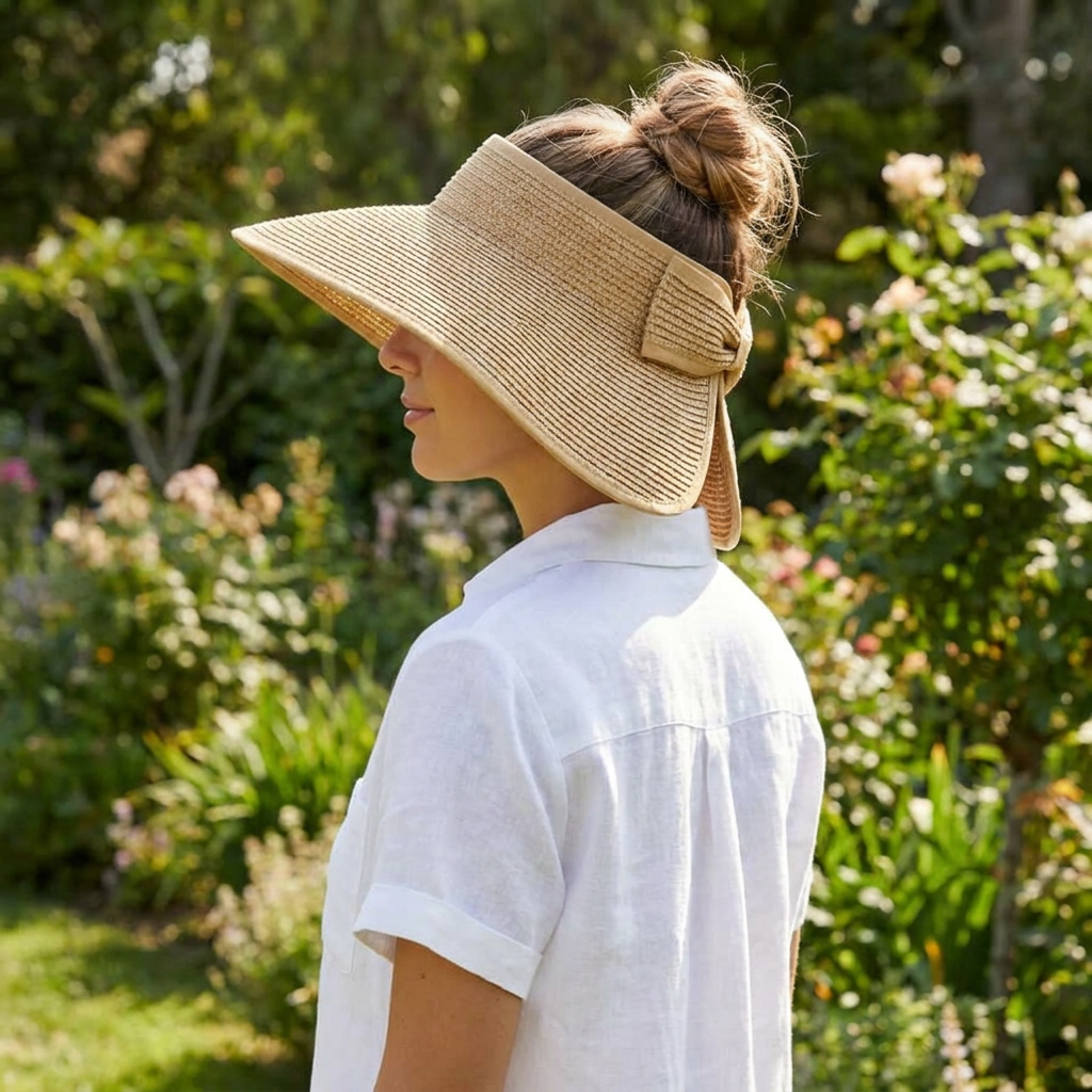 Woman wearing the wide-brim straw sun visor with an open-top crown in a sunny garden