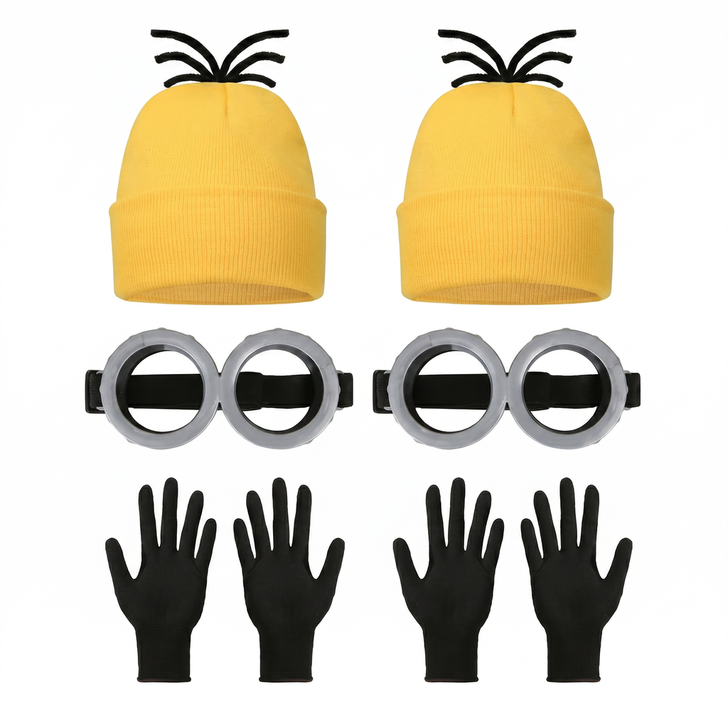 Yellow costume kit with beanies, goggles and gloves laid out