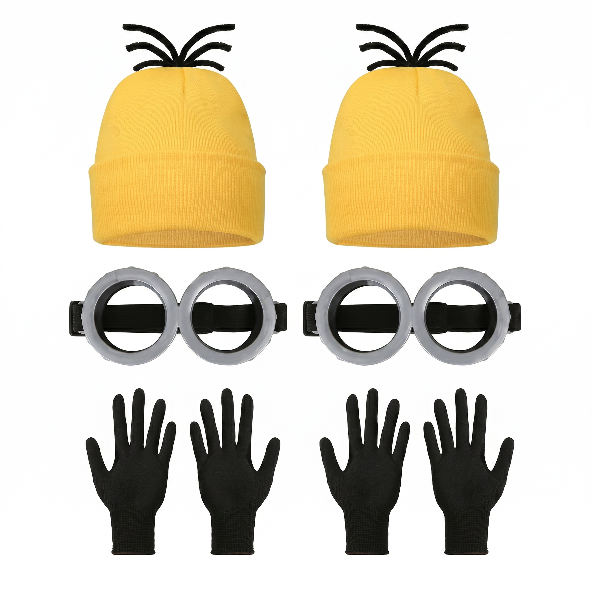 Yellow costume kit with beanies, goggles and gloves laid out