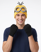 Person wearing the yellow beanie, goggles and gloves