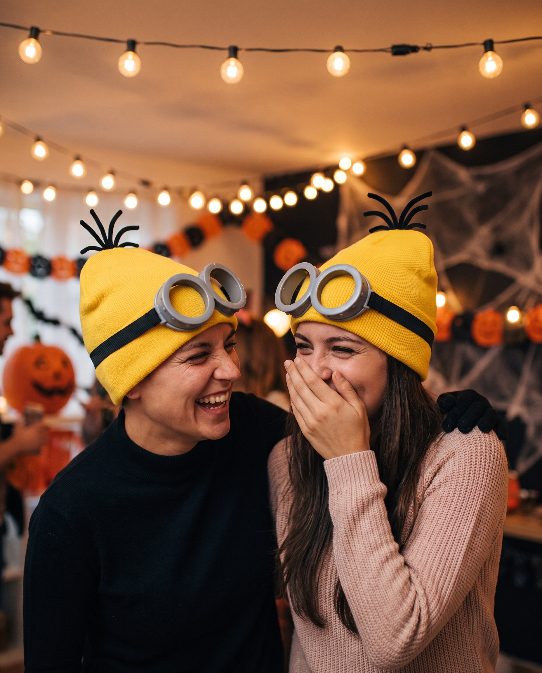 Two people wearing the yellow costume kit at a party