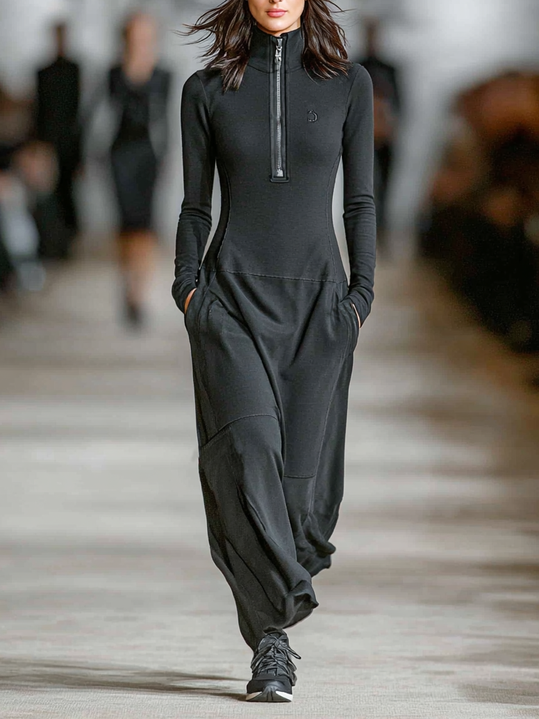 Black zip collar maxi dress, front view